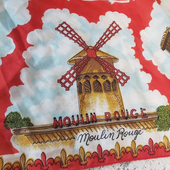 Vintage Red Gold Scarf Made in Italy Eiffel Tower Arc de Triumph Moulin Rouge - Picture 8 of 13